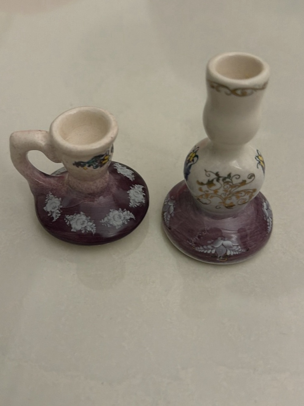 Hand-Painted Ceramic Candle Holders in Purple and White